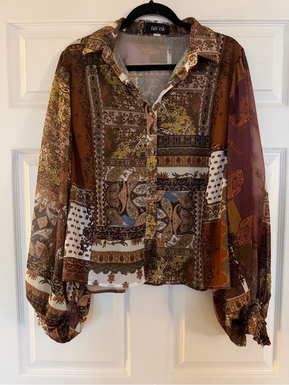 fab'rik Brown Multi Paisley Patchwork Button-Up Blouse